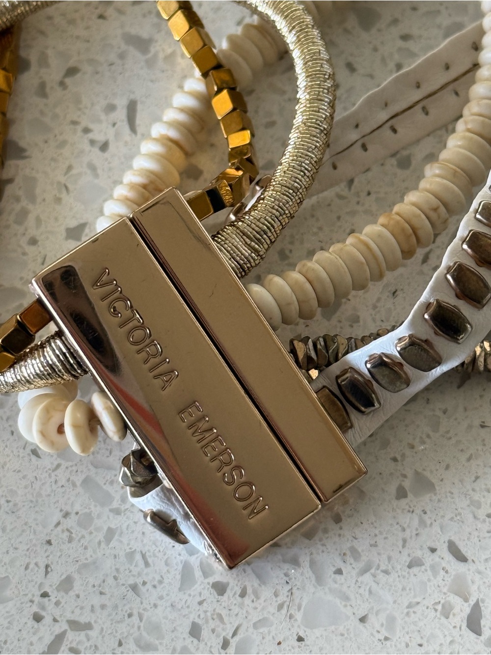 Victoria Emerson Gold and White Multi-Texture Bracelet Stack